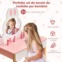 Toeletta Trucco 2 in 1 per Bambina, Specchiera a Forma di Coniglio Staccabile per Ragazza in Legno con Sgabello, Portapenni e Cassetto, Postazione Trucco, 60 x 34 x 103cm (Rosa)