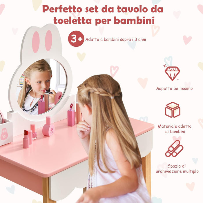 Toeletta Trucco 2 in 1 per Bambina, Specchiera a Forma di Coniglio Staccabile per Ragazza in Legno con Sgabello, Portapenni e Cassetto, Postazione Trucco, 60 x 34 x 103cm (Rosa)