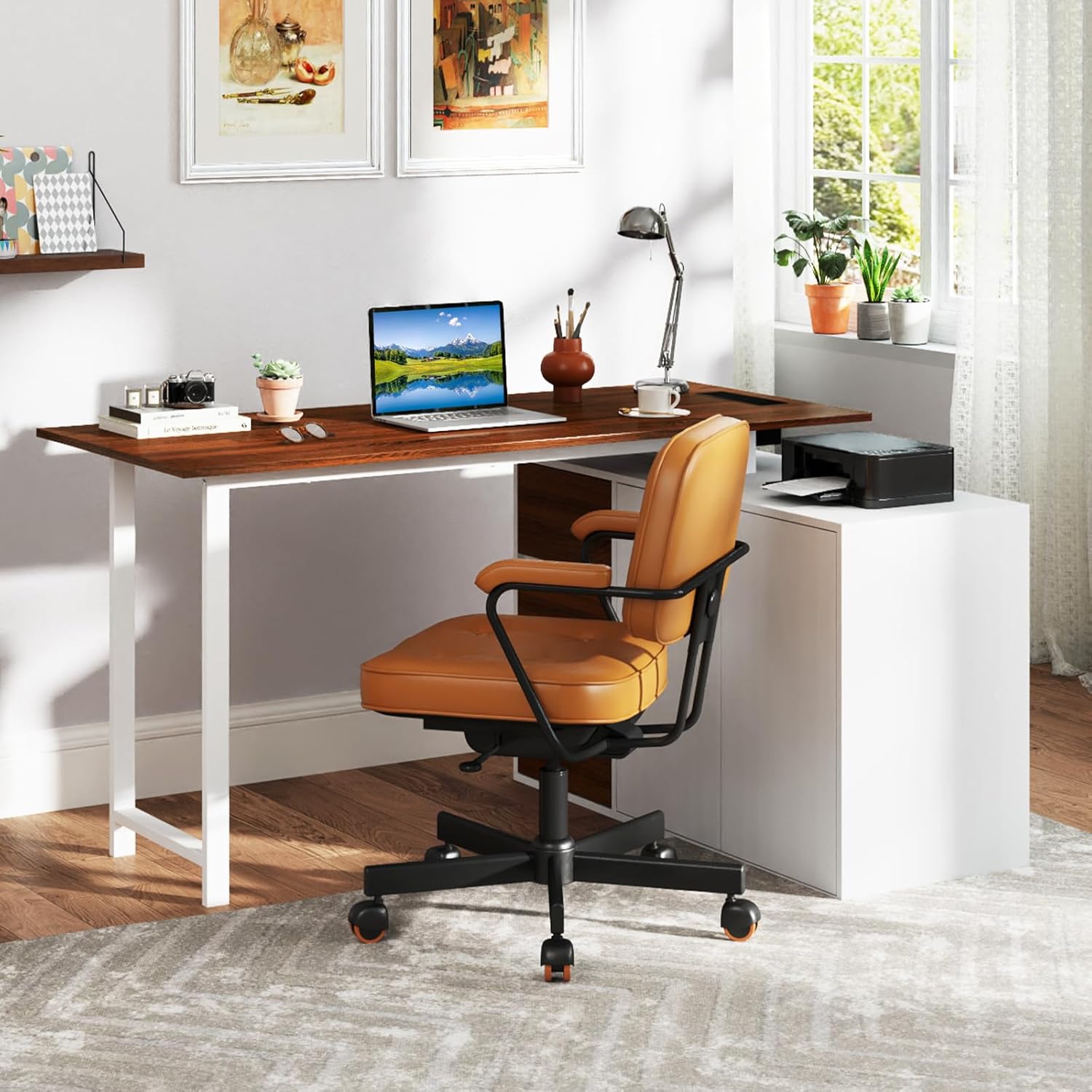 Scrivania Angolare a Forma di L con Presa di Corrente, Scrivania ad Angolo Salvaspazio e Reversibile con 3 Cassetti, Stazione da Lavoro per Ufficio a Casa (Marrone e Bianco)