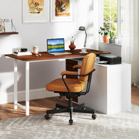 Scrivania Angolare a Forma di L con Presa di Corrente, Scrivania ad Angolo Salvaspazio e Reversibile con 3 Cassetti, Stazione da Lavoro per Ufficio a Casa (Marrone e Bianco)