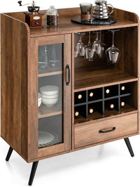 Credenza Cucina con Portabottiglie Rimovibile per 8 Vini e Porta Bicchieri, Mobile Bar in Legno con Anta e Cassetto Portaoggetti, Cantinetta Vino per Cucina, Sala da Pranzo e Soggiorno