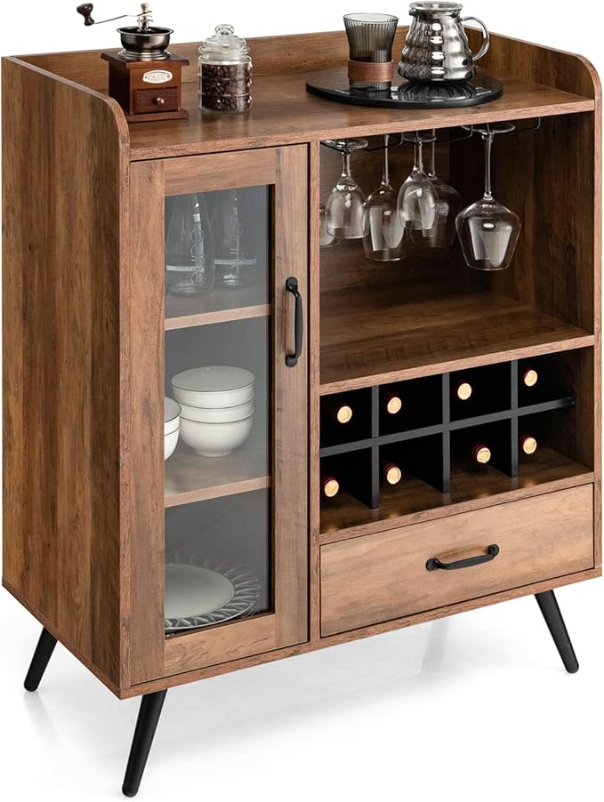 Credenza Cucina con Portabottiglie Rimovibile per 8 Vini e Porta Bicchieri, Mobile Bar in Legno con Anta e Cassetto Portaoggetti, Cantinetta Vino per Cucina, Sala da Pranzo e Soggiorno