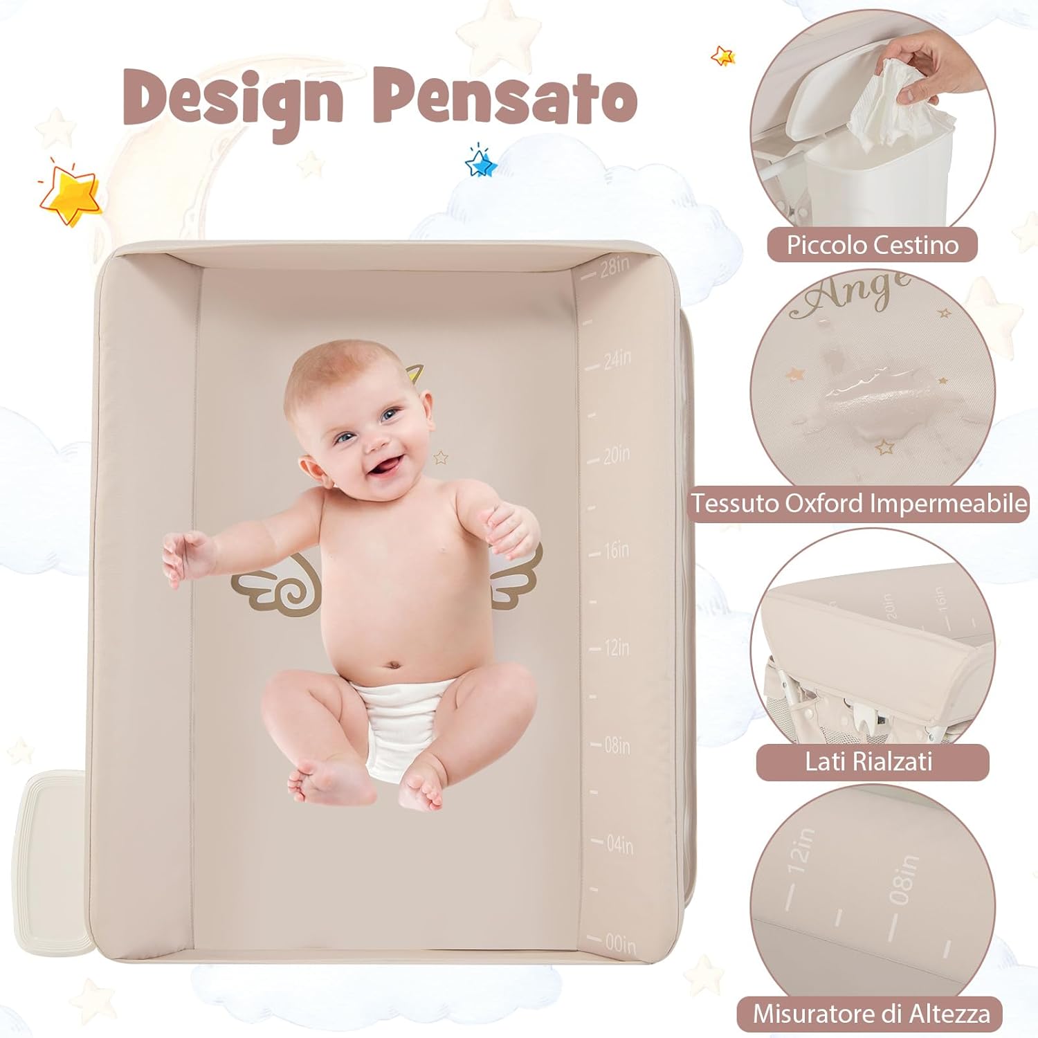 Fasciatoio Neonato Pieghevole, Fasciatoio Portatile con Altezza Regolabile a 3 Livelli, Fasciatoio Neonato con Ruote di Bloccabili, Ripiano, Porta Asciugamani, Cestino di Rifiuti (Beige)