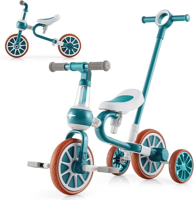 4 in 1 Triciclo per Bambini con Maniglia di Spinta, Triciclo per Bambini Bicicletta Equilibrio con Maniglia, Sedile Regolabili e Pedali Rimovibili, per 2-4 anni (Verde)