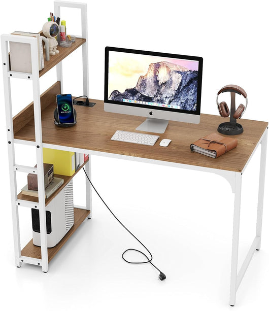Scrivania con Libreria, 2 Prese di Corrente, 2 Porte USB Tipo-A e Tipo-C, Scrivania da Ufficio con 4 Ripiani, Scrivania per PC Salvaspazio, per Studio e Cameretta, 120 x 65 x 130 cm (Legno)