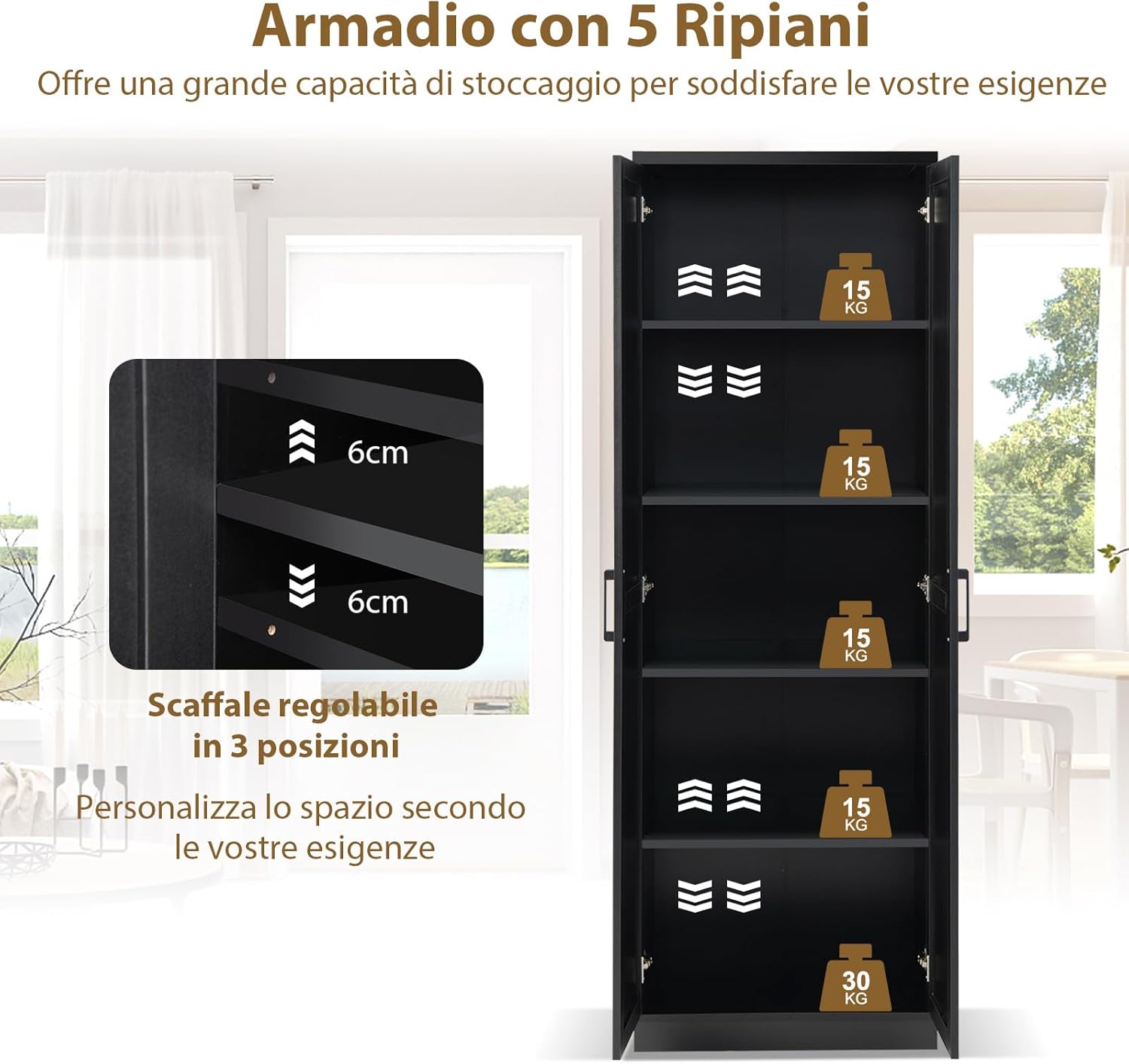 Armadio Alto di Stoccaggio a Pavimento con 2 Ante, Mobile Multiuso con Ripiani Regolabili, Armadietto di Stoccaggio in Legno Capacità di Carico di 90 kg, 59 x 43,5 x 178 cm (nero)