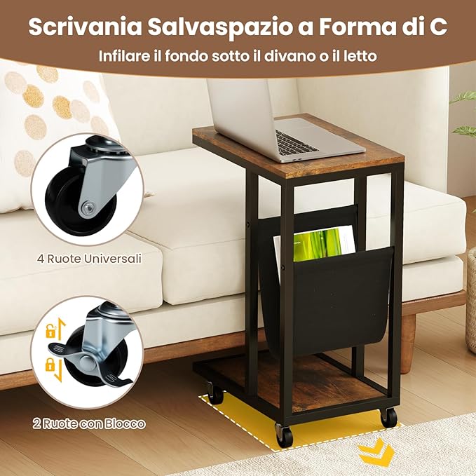 Tavolo per Computer, Tavolino Portatile a 3 Livelli con Tasca e Struttura in Metallo Resistente, Desk a Forma di C con Ruote per Camera da Letto, Balcone e Ufficio, 40 x 28 x 59 cm