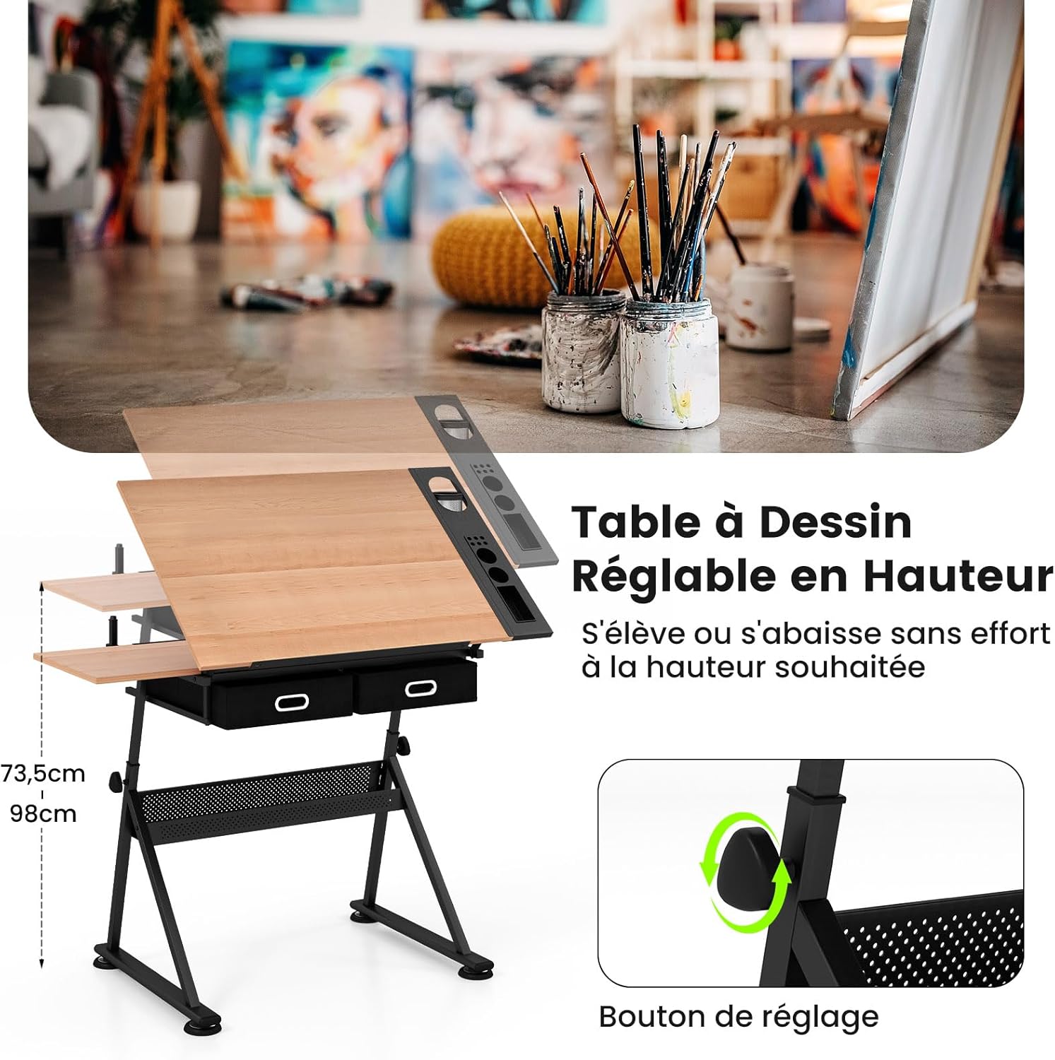 Tavolo da Disegno Scrivania per Arte con Cassetti e Sgabello, Regolabile in Altezza ed inclinabile (naturale)