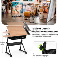 Tavolo da Disegno Scrivania per Arte con Cassetti e Sgabello, Regolabile in Altezza ed inclinabile (naturale)