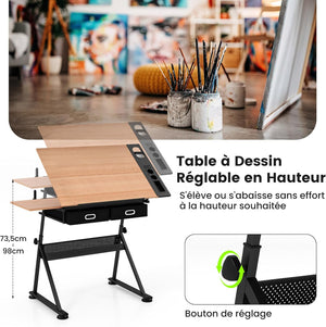 Tavolo da Disegno Scrivania per Arte con Cassetti e Sgabello, Regolabile in Altezza ed inclinabile (naturale)