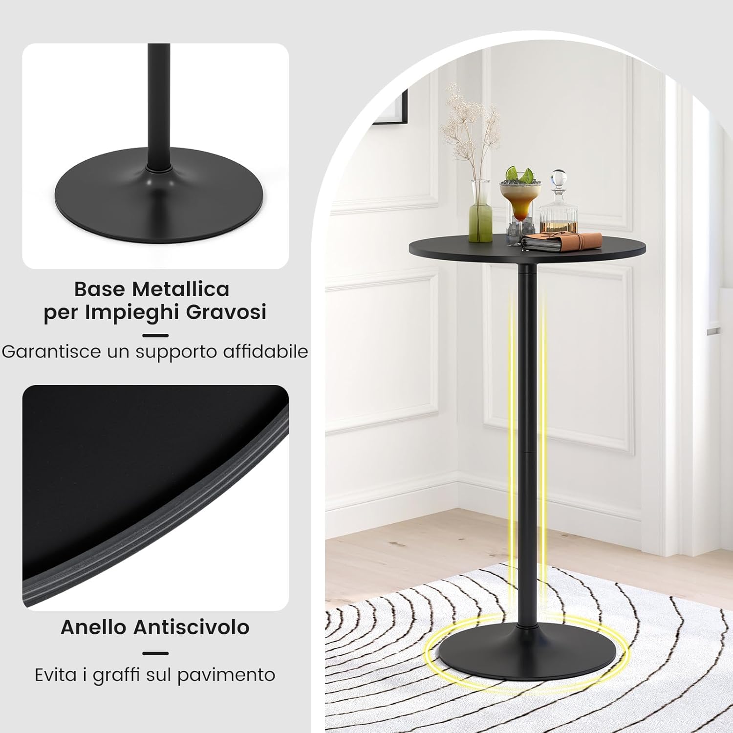 Tavolo da Bar Rotondo Ø70 Regolabile in Altezza (56 cm/ 101,5 cm), Tavolo da Caffè Alto in Legno e Metallo, Tavolino Bistrot Moderno con Base Rotondo per Cucina, Sala Pranzo e Soggiorno, Nero