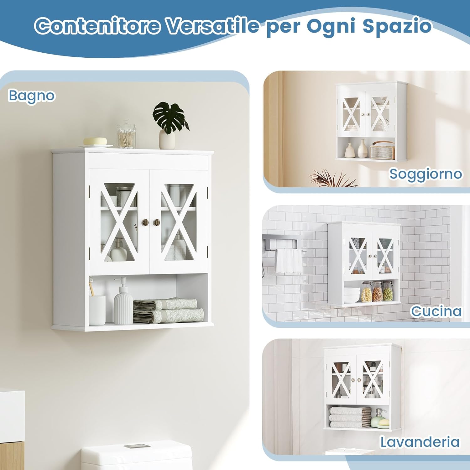 Mobile Bagno Sospeso 54 x 20 x 60 cm, Armadietto da Parete con 2 Ante in Acrilico, Ripiano Regolabile e Scomparto Aperto, Mobiletto da Muro per Lavanderia e Cucina