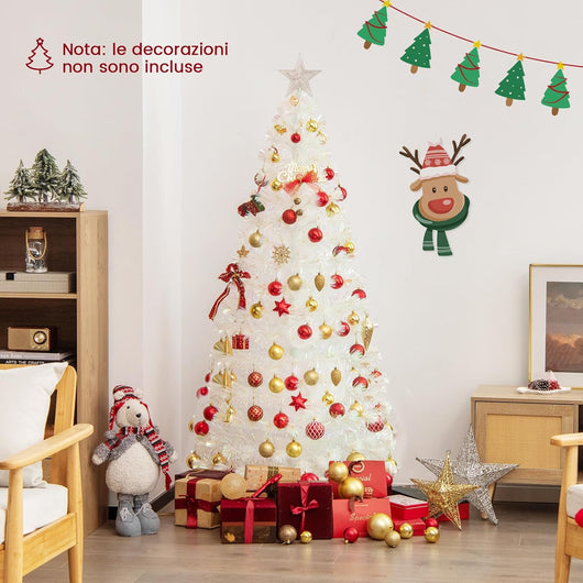 Albero di Natale Pre-illuminato in Fibra Ottica da 120/150/180cm, Albero di Natale Bianco con Foglie Iridescenti, Luci a LED a Fiocco di Neve Multicolore, Luce Superiore a Stella (180 CM)