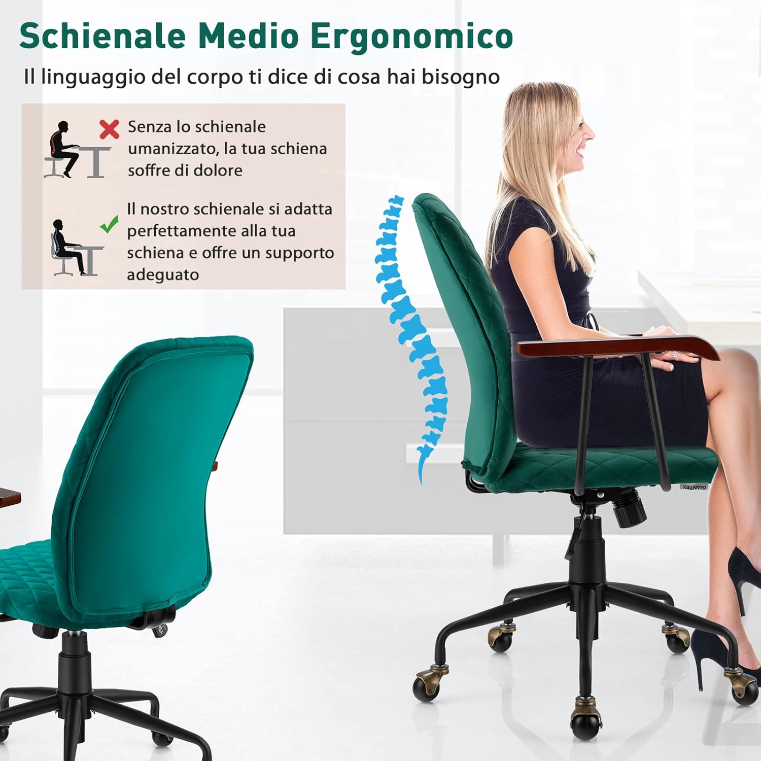 Sedia Girevole in Velluto, Sedia da Ufficio con Altezza Regolabile e Schienale, con Braccioli in Gomma e Ruote in Rame, Carico Massimo 150 kg (Verde)