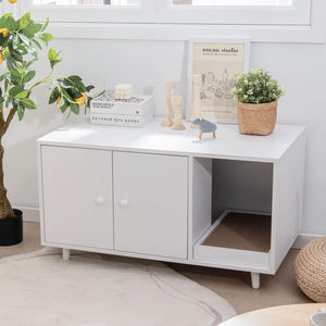 Mobile per Lettiera per Gatti 90 x 50 x 50 cm, Cassetta Igienica per Gatti con Doppia Anta, Divisore, Ingresso Avvolgibile, Tiragraffi e Gambe di Metallo Solido (Bianco)