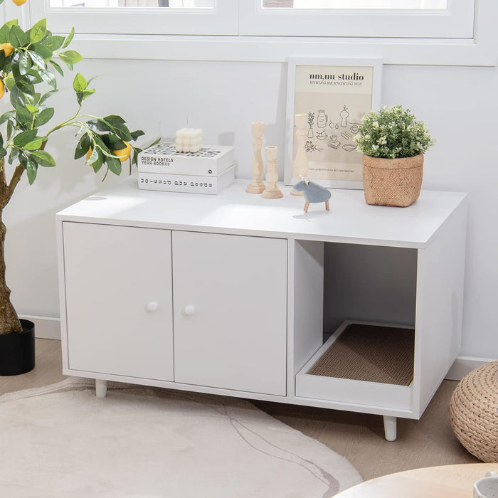 Mobile per Lettiera per Gatti 90 x 50 x 50 cm, Cassetta Igienica per Gatti con Doppia Anta, Divisore, Ingresso Avvolgibile, Tiragraffi e Gambe di Metallo Solido (Bianco)