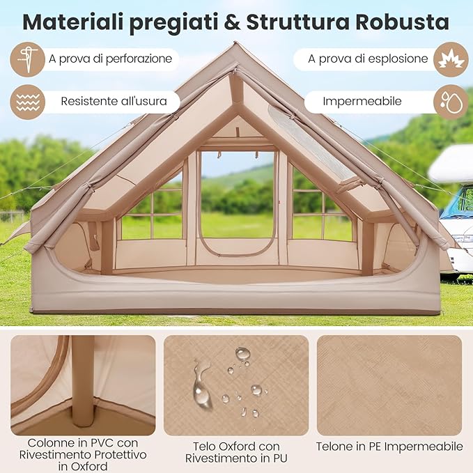 Tenda da Campeggio Gonfiabile, Tenda Gonfiabile Impermeabile per 4-6 Persone con Pompa, Finestre in Rete, 2 Porte e borsa da Trasporto, per Campeggio e Picnic, 300 x 210 x 200 cm