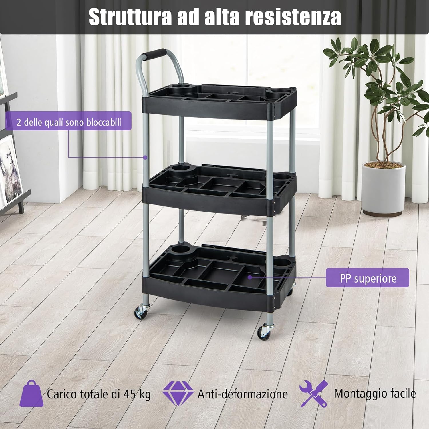Carrello per Utensili a 3 piani, Carrello Porta Attrezzi su ruotedi Bloccaggio,Capacità 45kg, Organizzatore di strumenti con Pannelli Ben Divisi, per garage per officina per accessori