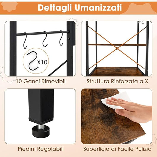 Mensola da Cucina, Supporto per Microonde con Presa Elettrica Ripiani Aperti e 10 Ganci Appendiabiti, Scaffale Multifunzionale per Cucina Soggiorno Bar, 60x42x153 cm