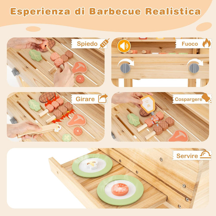 Barbecue Giocattolo per Giardino in Legno di Abete, Griglia Carrello Bambini con Cibo, Set Cucina Giocattolo con 25 Accessori BBQ, 53 x 36 x 63 cm, per Bambini 3+ Anni