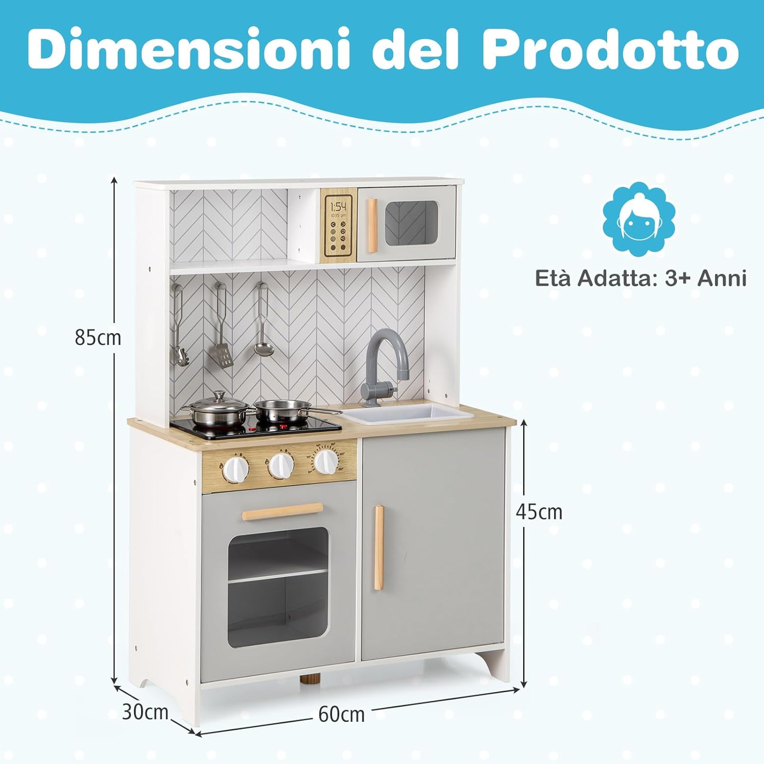 Cucina Giocattolo con Fornelli a Suoni e Luci Reali, Cucina per Bambini in Legno con Lavandelo Estrabile, Microonde e Forno, Set Cucina con Accessori, 60 x 30 x 85 cm, per Bambini 3+ Anni