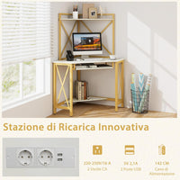 Scrivania Angolare con Prese, Scrivania ad Angolo con Ripiani, Porta Tastiera Estraibile e Struttura in Metallo, Scrivania Salvaspazio per Ufficio e Casa(bianco e oro)