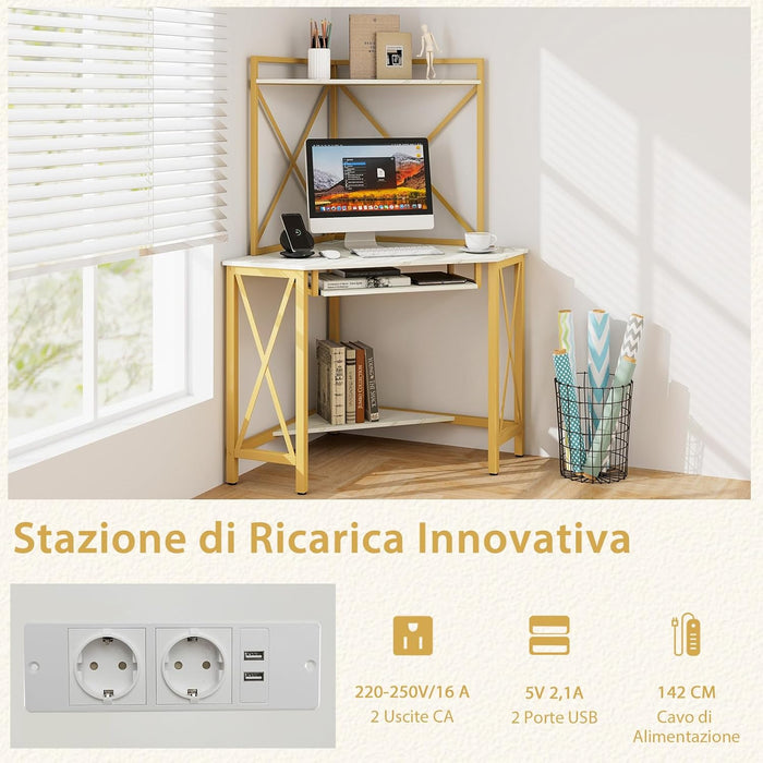 Scrivania Angolare con Prese, Scrivania ad Angolo con Ripiani, Porta Tastiera Estraibile e Struttura in Metallo, Scrivania Salvaspazio per Ufficio e Casa(bianco e oro)