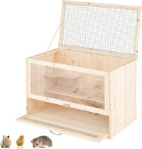 Gabbia per Criceti, Gabbia Criceti in Legno con Tetto Ribaltabile in Rete, Aree Multi-Scala, Rampa, Pannello in Acrilico e Porta Bloccabile, 60 x 35,5 x 42 cm