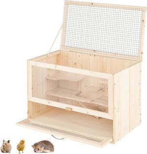 Gabbia per Criceti, Gabbia Criceti in Legno con Tetto Ribaltabile in Rete, Aree Multi-Scala, Rampa, Pannello in Acrilico e Porta Bloccabile, 60 x 35,5 x 42 cm