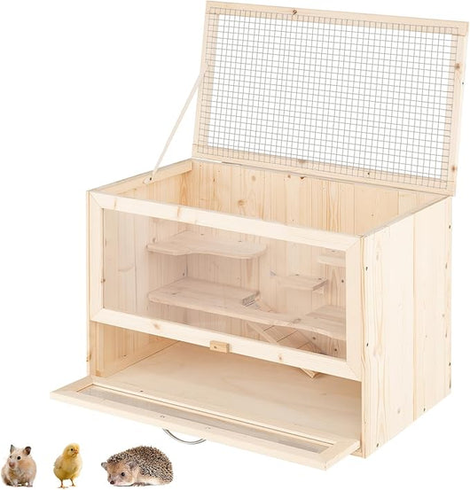 Gabbia per Criceti, Gabbia Criceti in Legno con Tetto Ribaltabile in Rete, Aree Multi-Scala, Rampa, Pannello in Acrilico e Porta Bloccabile, 60 x 35,5 x 42 cm