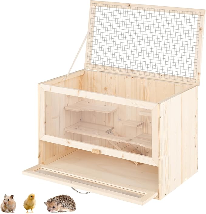 Gabbia per Criceti, Gabbia Criceti in Legno con Tetto Ribaltabile in Rete, Aree Multi-Scala, Rampa, Pannello in Acrilico e Porta Bloccabile, 60 x 35,5 x 42 cm