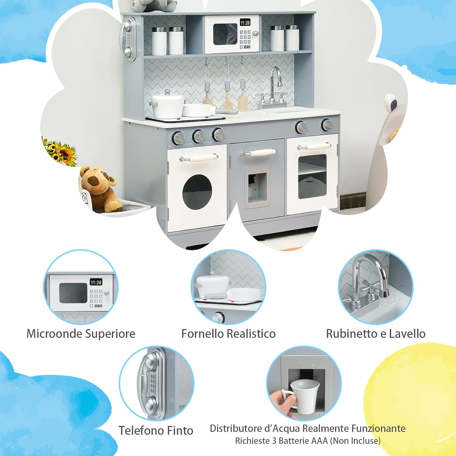 Cucina giocattolo per bambini, Cucina per Bambini in Legno con Lavandino, Telefono, Forno a microonde e Distributore d'Acqua, con Luci e Suoni Realistici, 3 Anni+