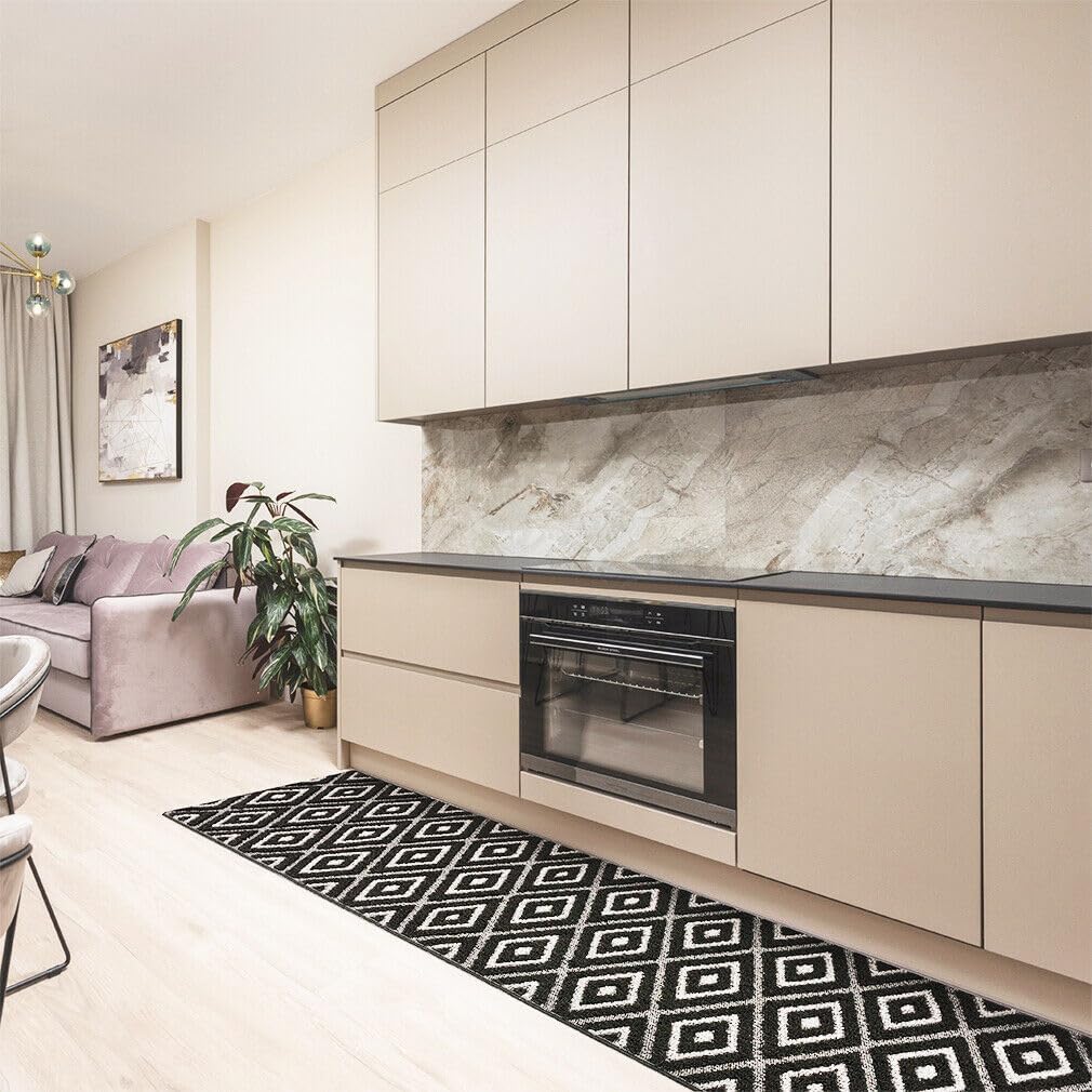 Tappeto Casa Cucina Rombi 3D 50X115 Cm Bordato Moderno Assorbente Antiscivolo Nero