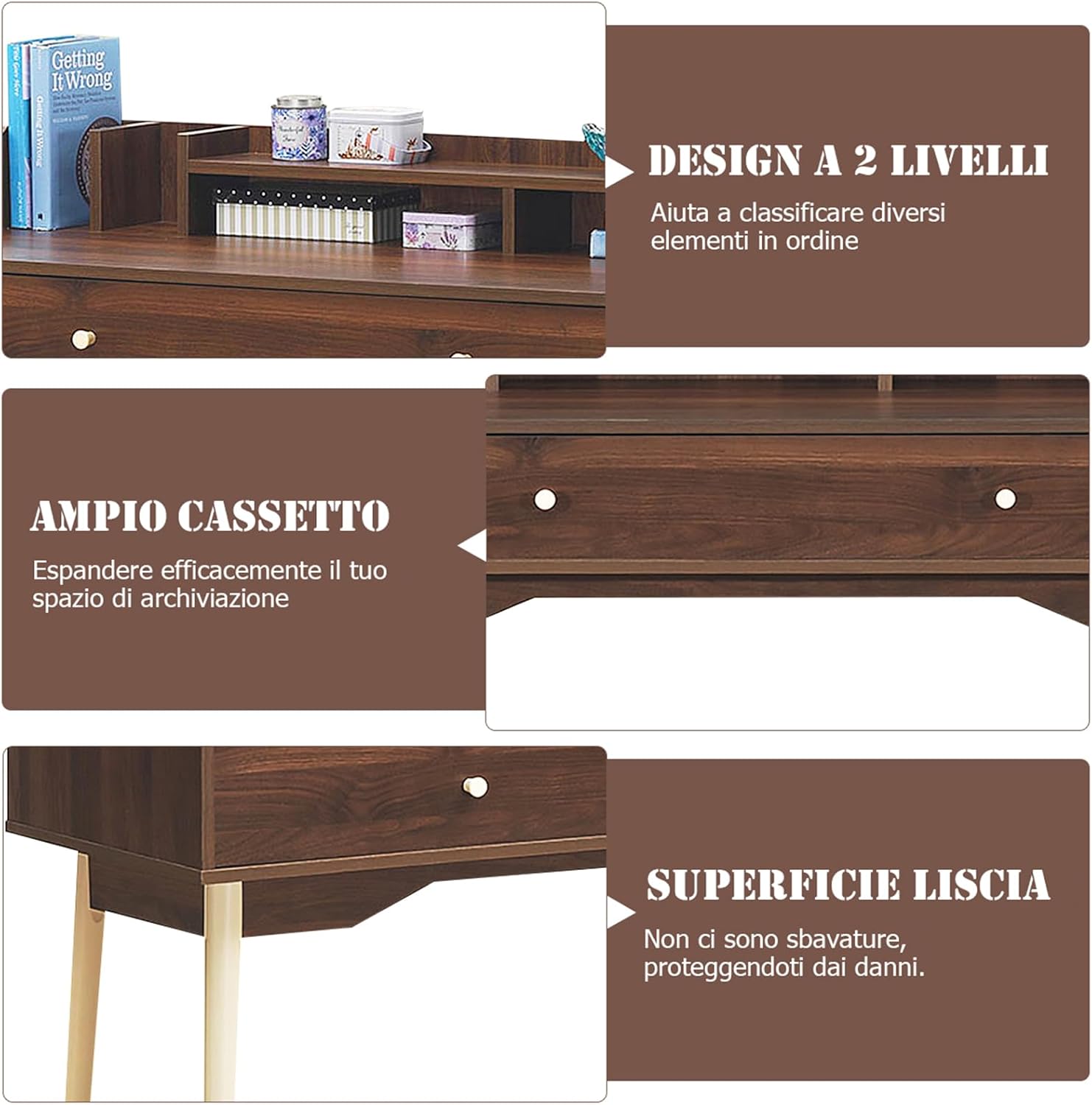 Scrivania con Cassetto, Tavolo per Casa e Ufficio con Gambe Resistenti in Legno di Gomma e 2 Scompartimenti, Ideale per Salone Studio Camera da Letto, 120 x 50 x 93 cm (Marrone)
