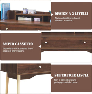 Scrivania con Cassetto, Tavolo per Casa e Ufficio con Gambe Resistenti in Legno di Gomma e 2 Scompartimenti, Ideale per Salone Studio Camera da Letto, 120 x 50 x 93 cm (Marrone)