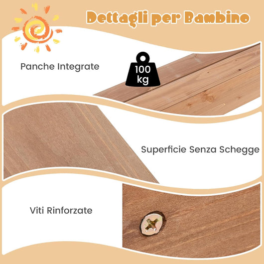 Sabbiera per Bambini con Copertura, Sabbiera in Legno con 2 Panche, Cabina da Spiaggia per Esterni per Cortile Giardino e Spiaggia, 124 x 123 x 134 cm