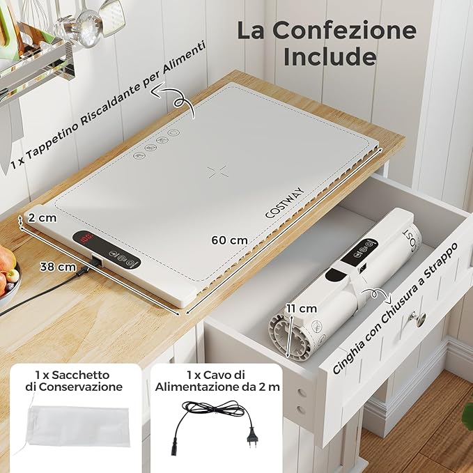 Tappetino Riscaldante per Alimenti, Scaldavivande Elettrico Arrotolabile in Silicone, con Tempo e Temperature Regolabili, Cinturino Autobloccante, per Scongelamento (60 x 38cm,Bianco)