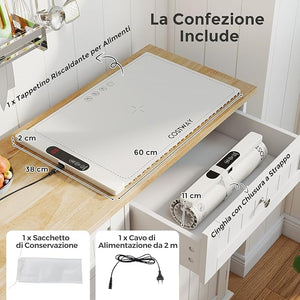 Tappetino Riscaldante per Alimenti, Scaldavivande Elettrico Arrotolabile in Silicone, con Tempo e Temperature Regolabili, Cinturino Autobloccante, per Scongelamento (60 x 38cm,Bianco)