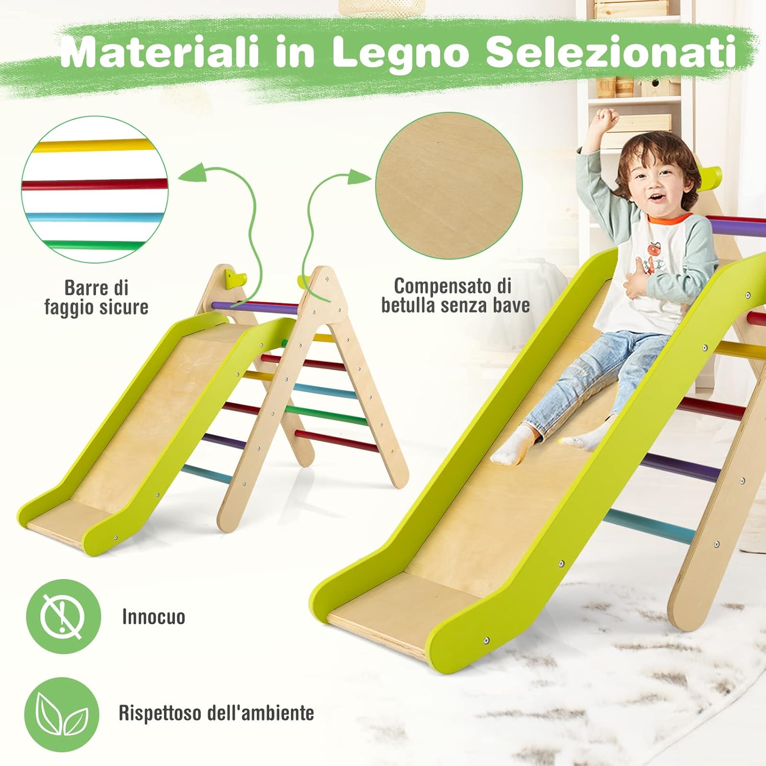 Set di Arrampicata con Scivolo 2 in 1, Arrampicatore in Legno Regolabile a Gradi, Giocattolo per Arrampicarsi all’Interno e all’Esterno per Bambini con età più di 1 Anno