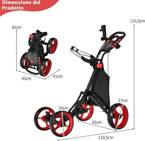 Carrello da Golf a Spinta e a Trazione, Carrello Golf Pieghevole Leggero a 4 Ruote con Borsa Impermeabile, Freno a Pedale, Porta Tazza e Porta Ombrello Regolabile