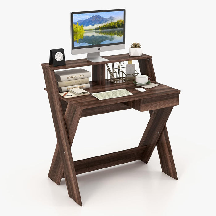 Scrivania per Computer in Legno, Scrivania con Cassetto, Portaoggetti e Supporto per Monitor, Poggiapiedi e Gambe a Forma di X, Ideale per Ufficio e Casa (Noce)