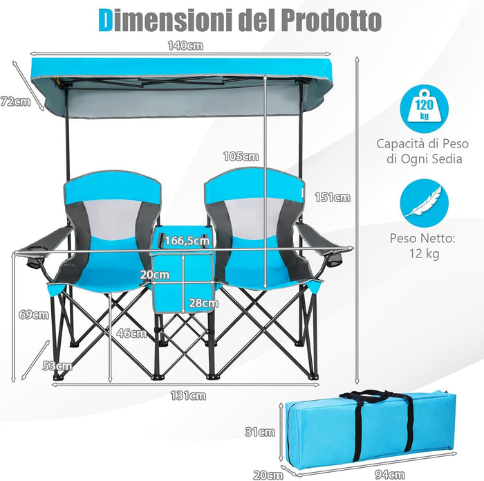 Sedie da Campeggio Pieghevoli, Panchina da Picnic a 2 Posti Regolabile con Tettoia, Sedia Portatile e Pieghevole per Campeggio, Spiaggia, Giardino (Blu)