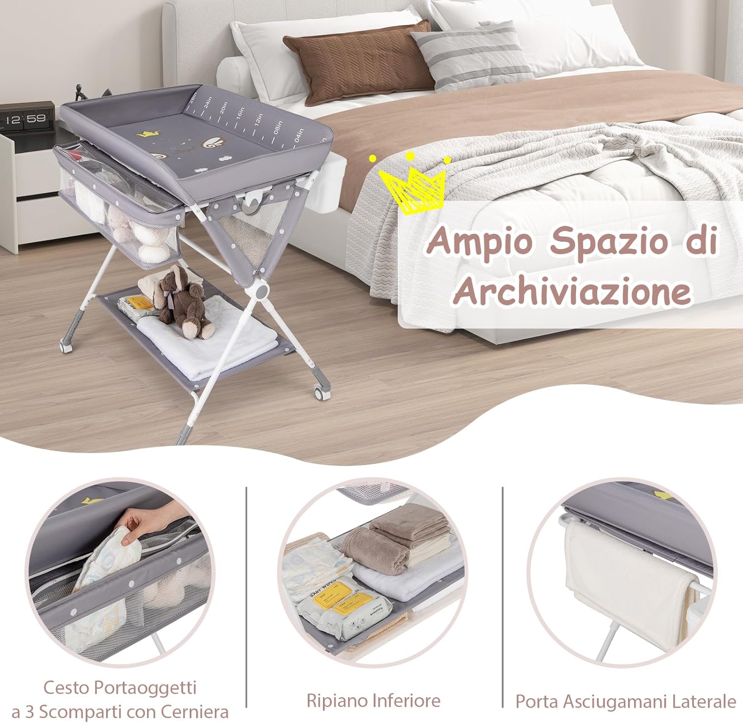 Fasciatoio Neonato Pieghevole, Fasciatoio Portatile con Altezza Regolabile a 3 Livelli, Fasciatoio Neonato con Ruote di Bloccabili, Ripiano, Porta Asciugamani, Cestino di Rifiuti (Grigio)