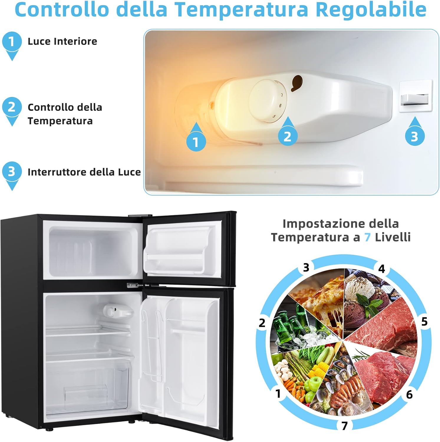 Frigorifero 90 L (27+63), Freezer Separato con 2 Ante e Luce LED, Refrigerazione Rapida, Silenzioso, Mini Frigo per Ufficio Casa Bar Hotel, 220-240 V/50 Hz (Nero) [Classe di efficienza energetica E]