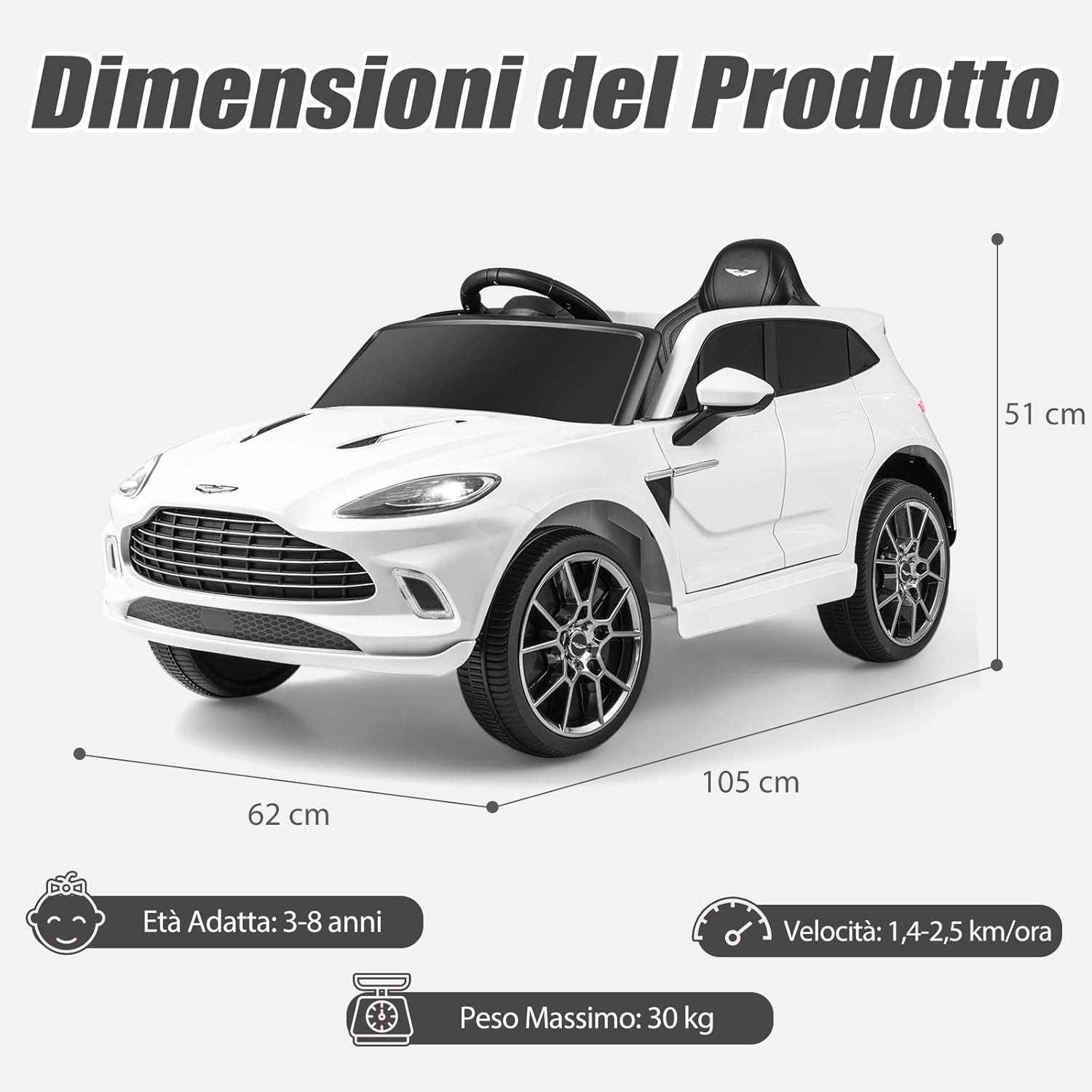 Aston Martin DBX Auto Elettrica per Bambini, 12 V Macchina Elettrica con Telecomando e Luci LED, Partenza Lenta Clacson, Regalo per Bambini 3-8 Anni (Bianco)