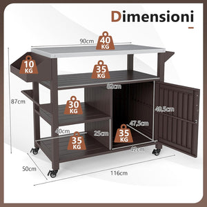 Carrello per Grill da Esterno, Carrello in Metallo con Armadietto, Ruote Bloccabili Universali, Ripiani e Piano in Acciaio Inox, Isola da Cucina per Barbecue, Festa e Campeggio