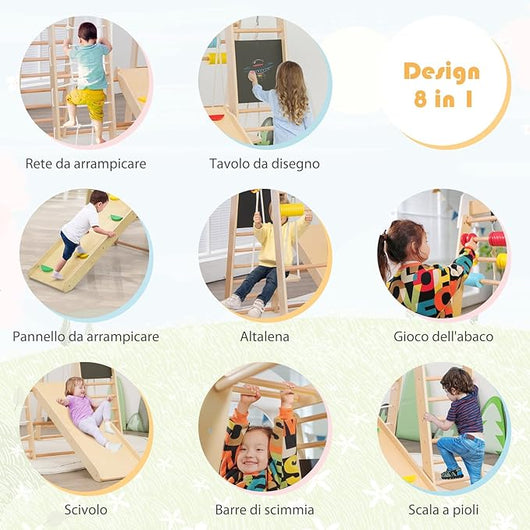 8 in 1 Triangolo da Arrampicata Multifunzione, Parco Giochi in legno Massello con Scivolo, Altalena e Lavagna, Uso Interno, per Bambini 1 a 5 anni (Modello 3 Colorato)