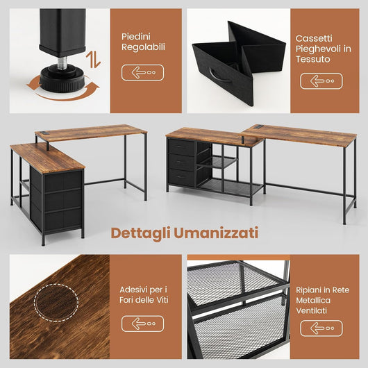 Scrivania Angolare, Scrivania Salvaspazio con Cassetti di Tessuto, Ripiani in Metallo e Prese, Scrivania ad Angolo Convertibile per Studio e Gioco(Marrone)