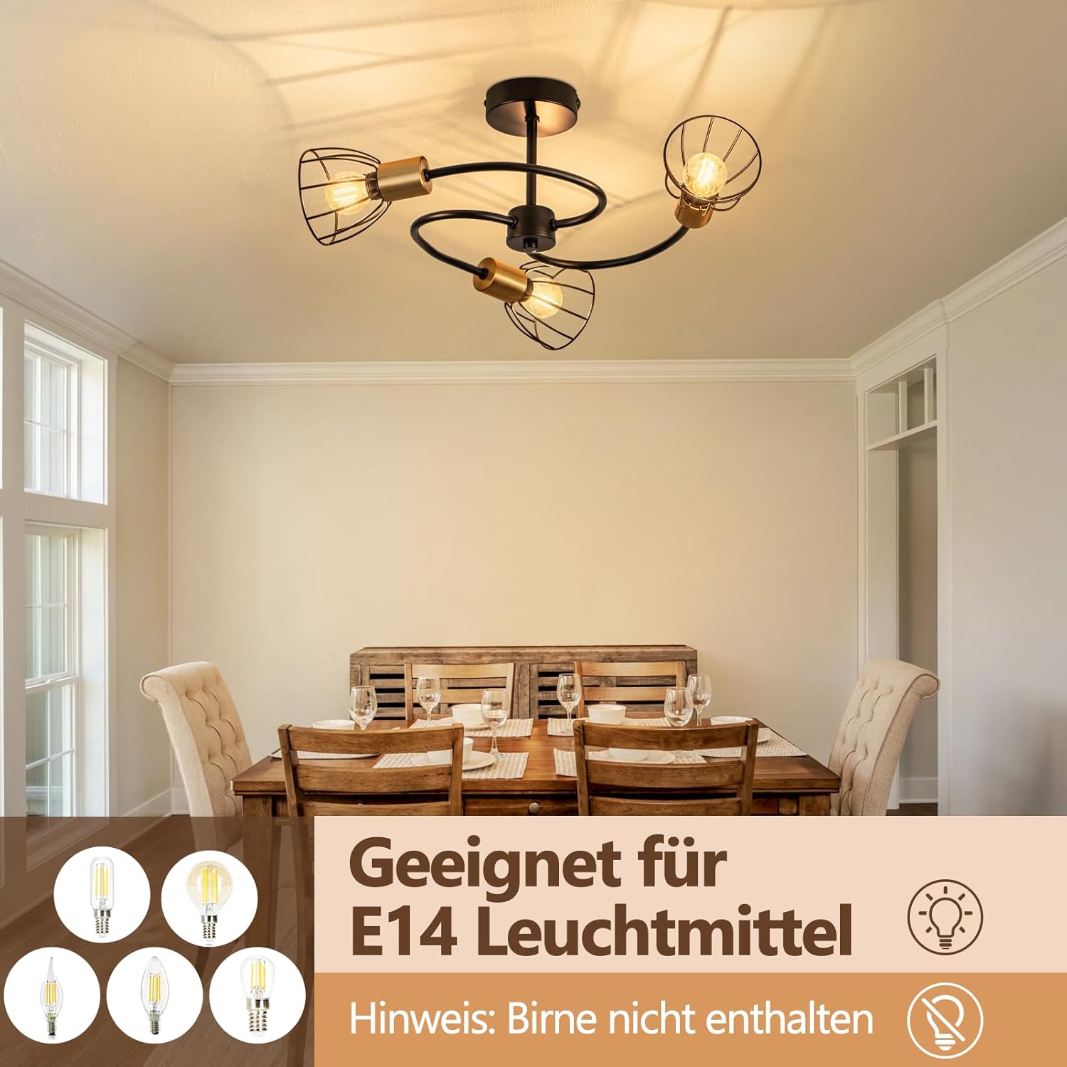ZMH Lampada da soffitto vintage nera 3 luci E14 metallo per soggiorno cucina
