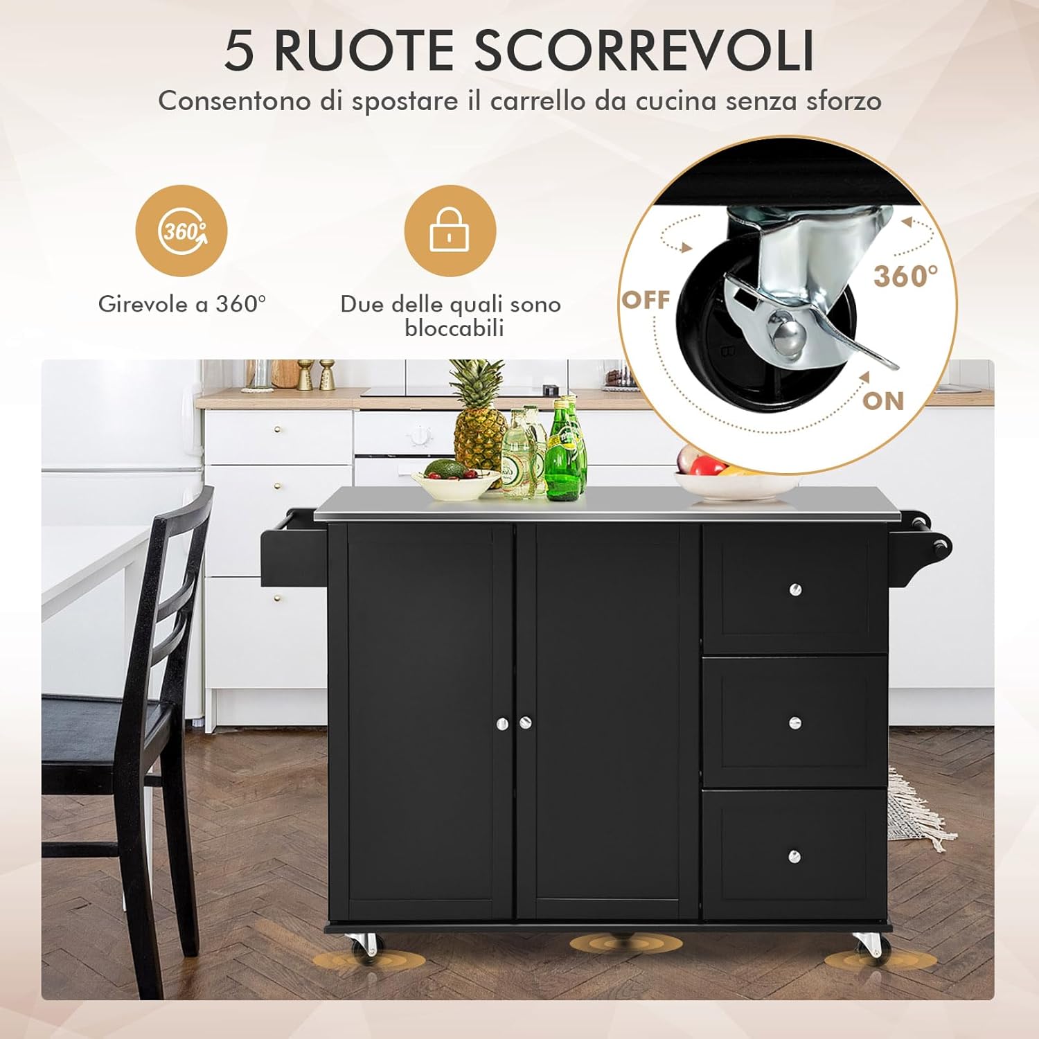 Carrello da Cucina, Isola da Cucina con Piano in Acciaio Inox, 3 Cassetti e Armadietto a 2 Ante, Ripiani Regolabili e Portasciugamani e Portaspezie, 135x45,5x 91,5 cm (Nero)